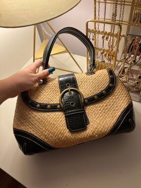 Woven Straw Satchel with Black Trim - Classic Women's Handbag